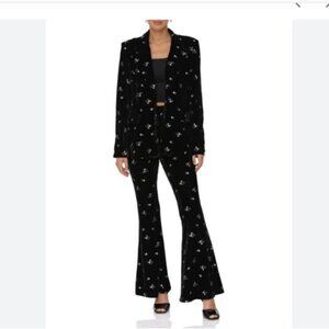 Avec Les Filles Black Velvet Silver Floral Embroidered Flared Pants Size Large